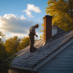 A worker in a hard hat stands on a house roof near a chimney, inspecting or handling equipment at sunset.