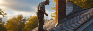 A worker in a hard hat stands on a house roof near a chimney, inspecting or handling equipment at sunset.