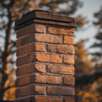 A close-up of a brick chimney with a black cap, set against a blurred background of trees.