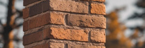 A close-up of a brick chimney with a black cap, set against a blurred background of trees.